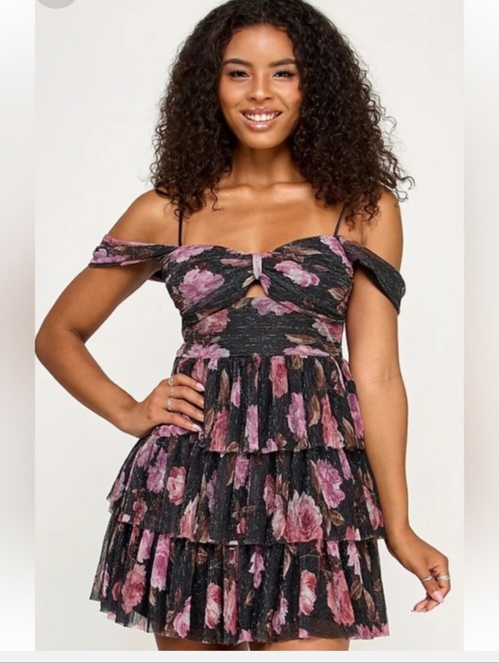 Emerald Sundae NWT Black Pink Floral Metallic Tiered Mini Dress Size S Fairycore